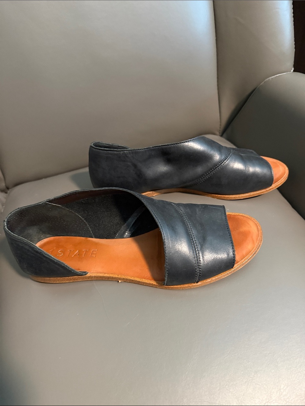 STATE Black Leather Open-Toe Mules with Tan Insole